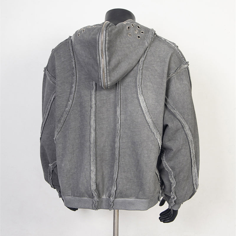 Washed Gray Zip-Up Hoodie with Raw Seam Details and Vintage Metal Zipper Accents