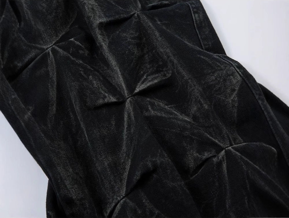 Wide-Leg Textured Denim Jeans with Geometric Pleated Design in Black