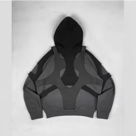Dark Gray Hooded Pullover with Layered Cutout Panels and Modern Irregular Patchwork Design