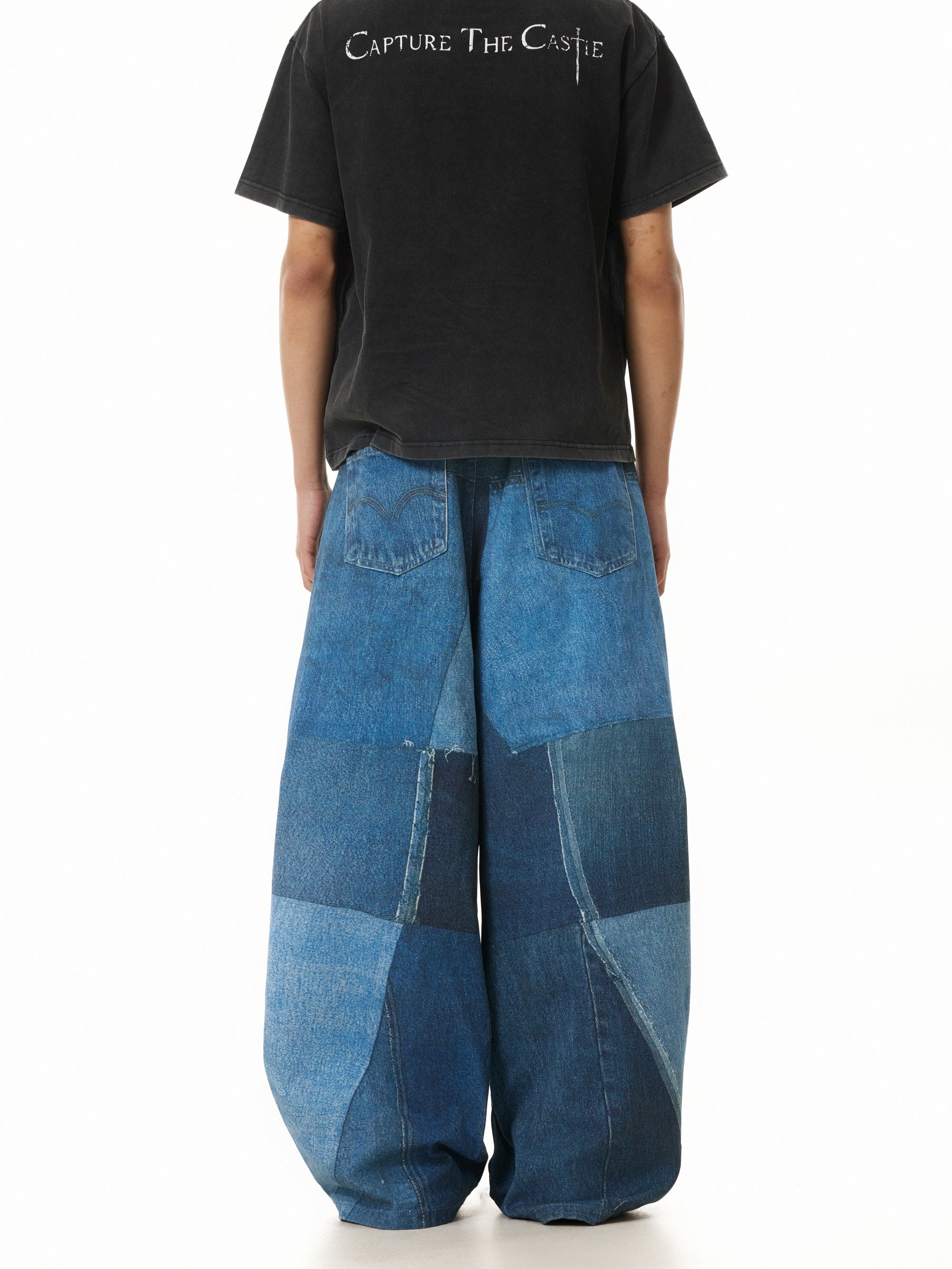 Printed Wide-Leg Jeans with Patchwork Details in Blue Streetwear Style