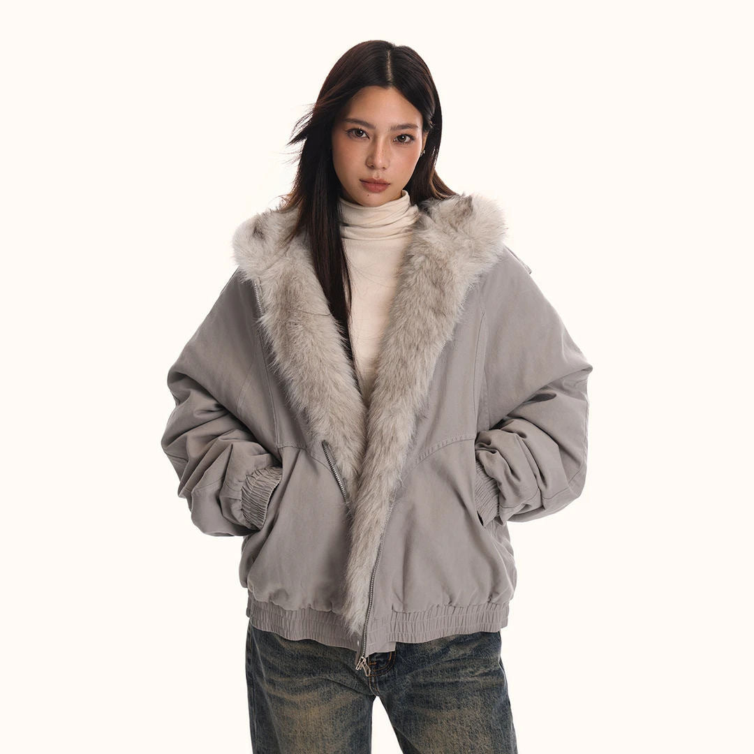 Faux Fur Collar Cotton Jacket with Warm Lining and Relaxed Winter Streetwear Fit