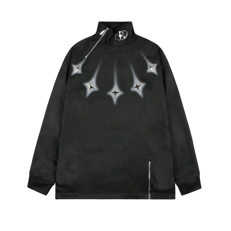 High-Neck Zip Pullover with Star Detail and Soft Fleece Texture for Modern Streetwear Style