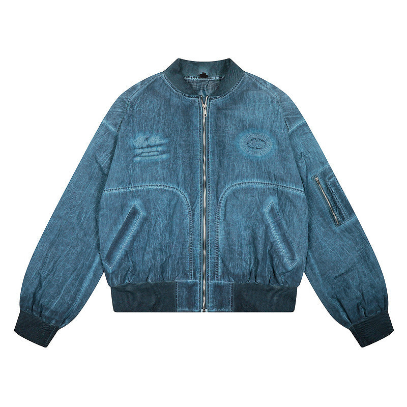 Washed Aviator Bomber Jacket with Distressed Detailing and Ribbed Hem Vintage Streetwear Style
