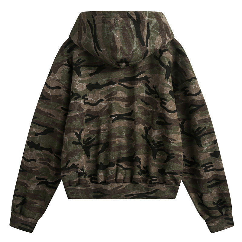 Camouflage Zip Up Hooded Jacket with Lightweight Design and Classic Green Streetwear Pattern