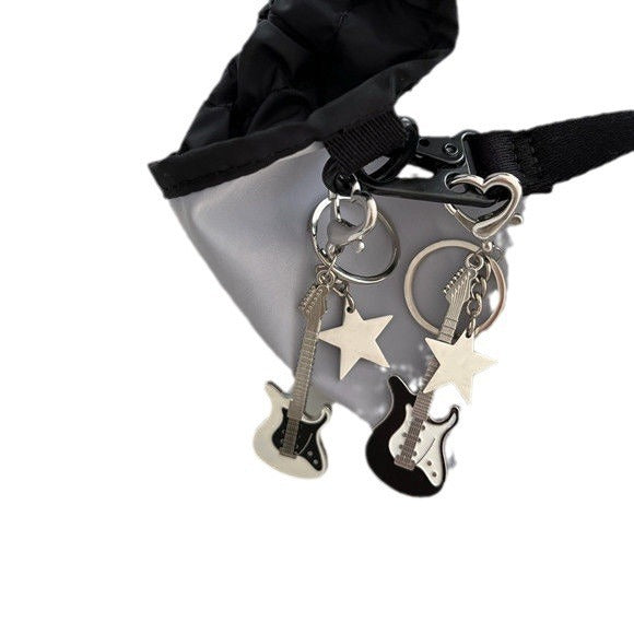 Metal Guitar Keychain with Star Accent in Black or White Y2K Design