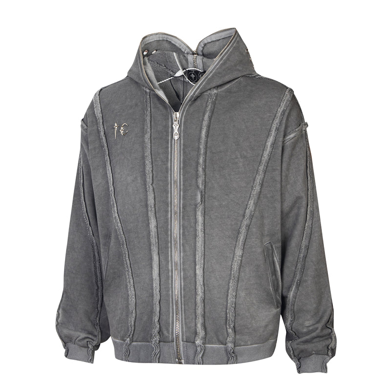 Washed Gray Zip-Up Hoodie with Raw Seam Details and Vintage Metal Zipper Accents