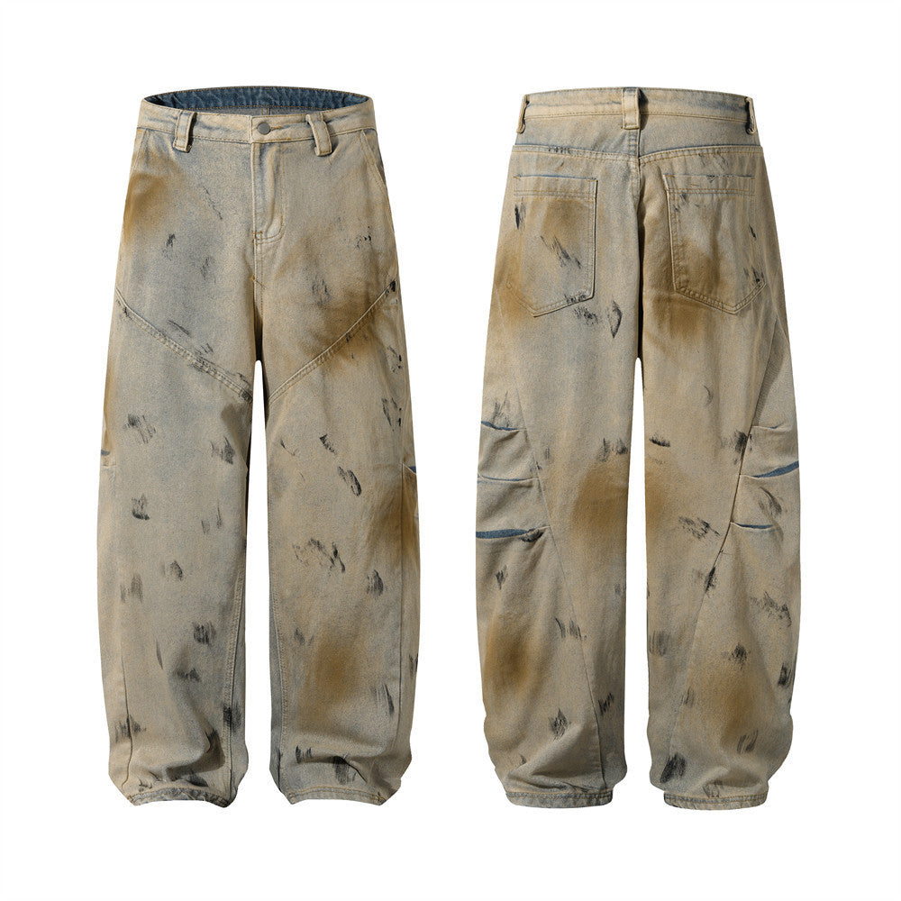 Wide-Leg Distressed Denim Jeans with Mud-Wash Finish and Creased Textured Details