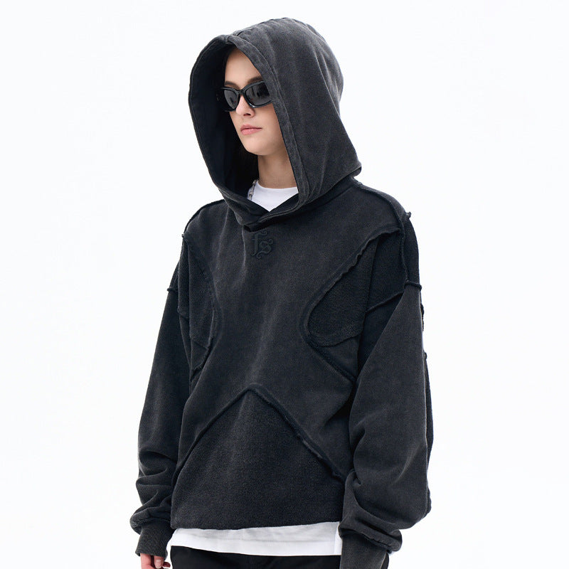 Textured High-Street Hoodie with Raw Seam Detailing in Gray or Black