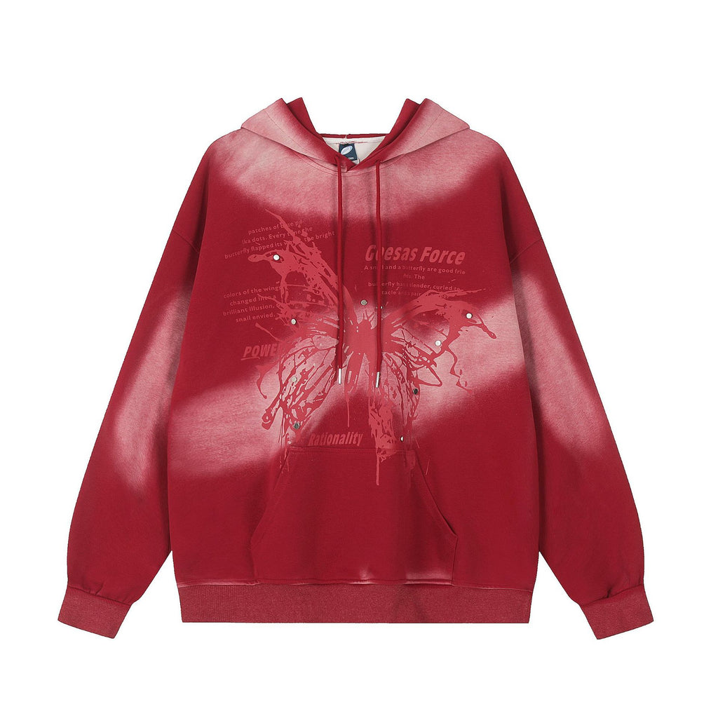 Butterfly Graphic Hooded Sweatshirt with Streetwear Print in Black or Red