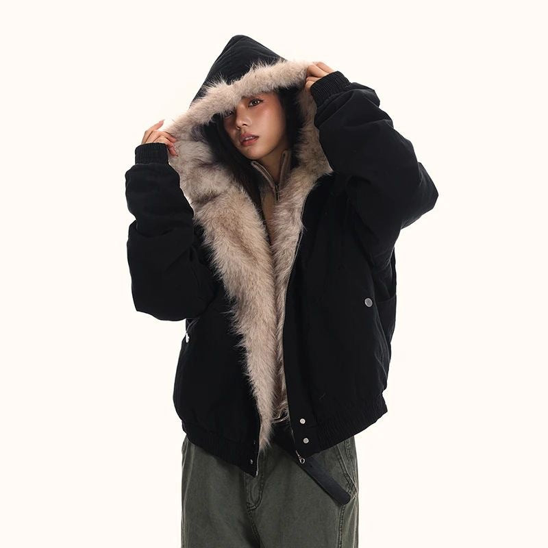Faux Fur Collar Cotton Jacket with Warm Lining and Relaxed Winter Streetwear Fit