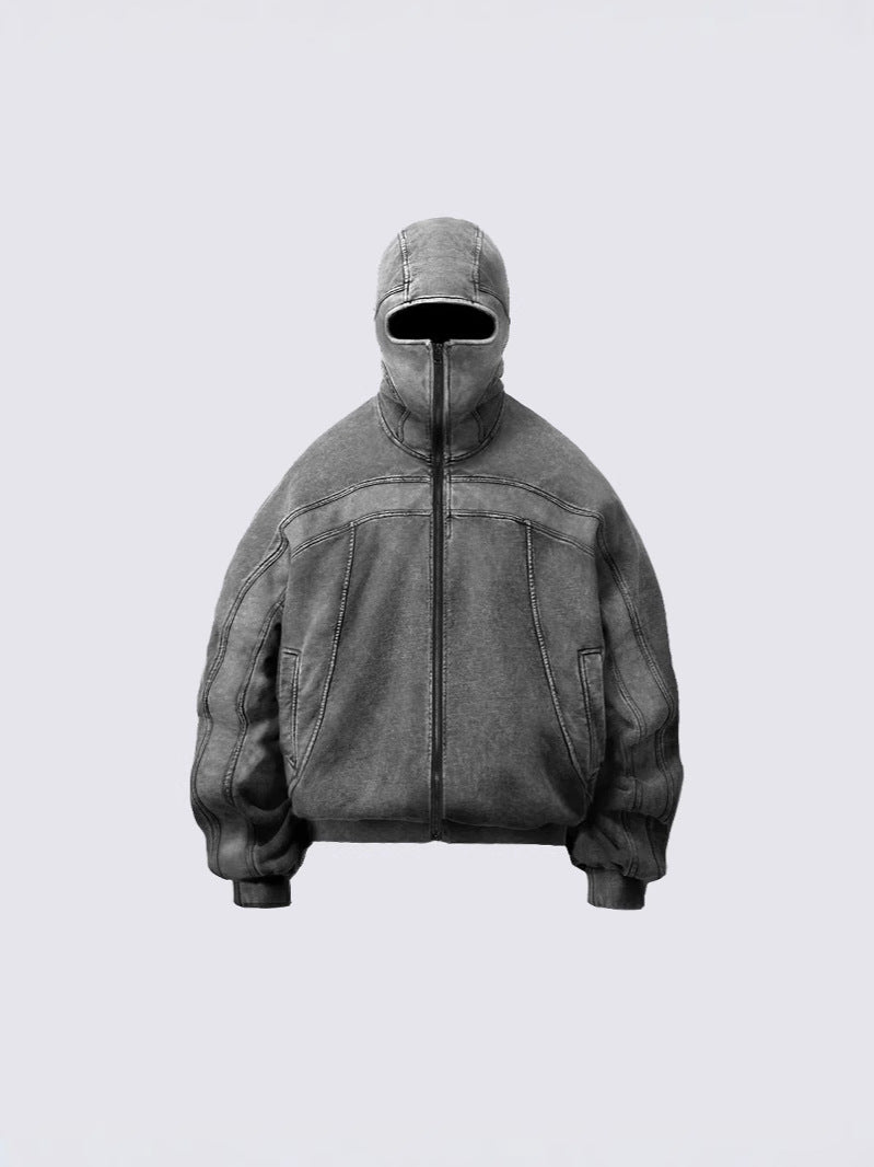 High-Neck Zip Pullover Jacket with Washed Texture and Oversized Streetwear Silhouette