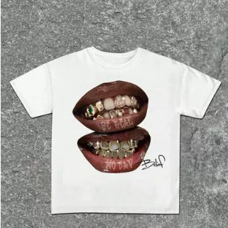 Graphic Lip Print Tee with Gold Grills ? Casual Streetwear T-Shirt