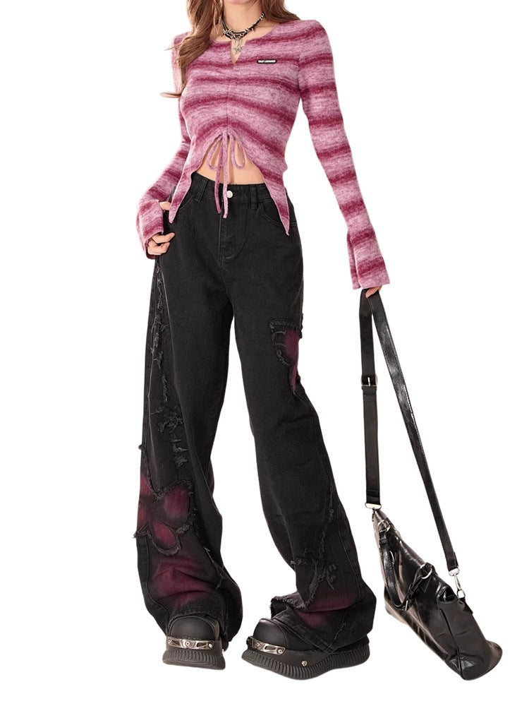 Distressed Flared Jeans with Contrast Patch Details and Grunge-Inspired Design