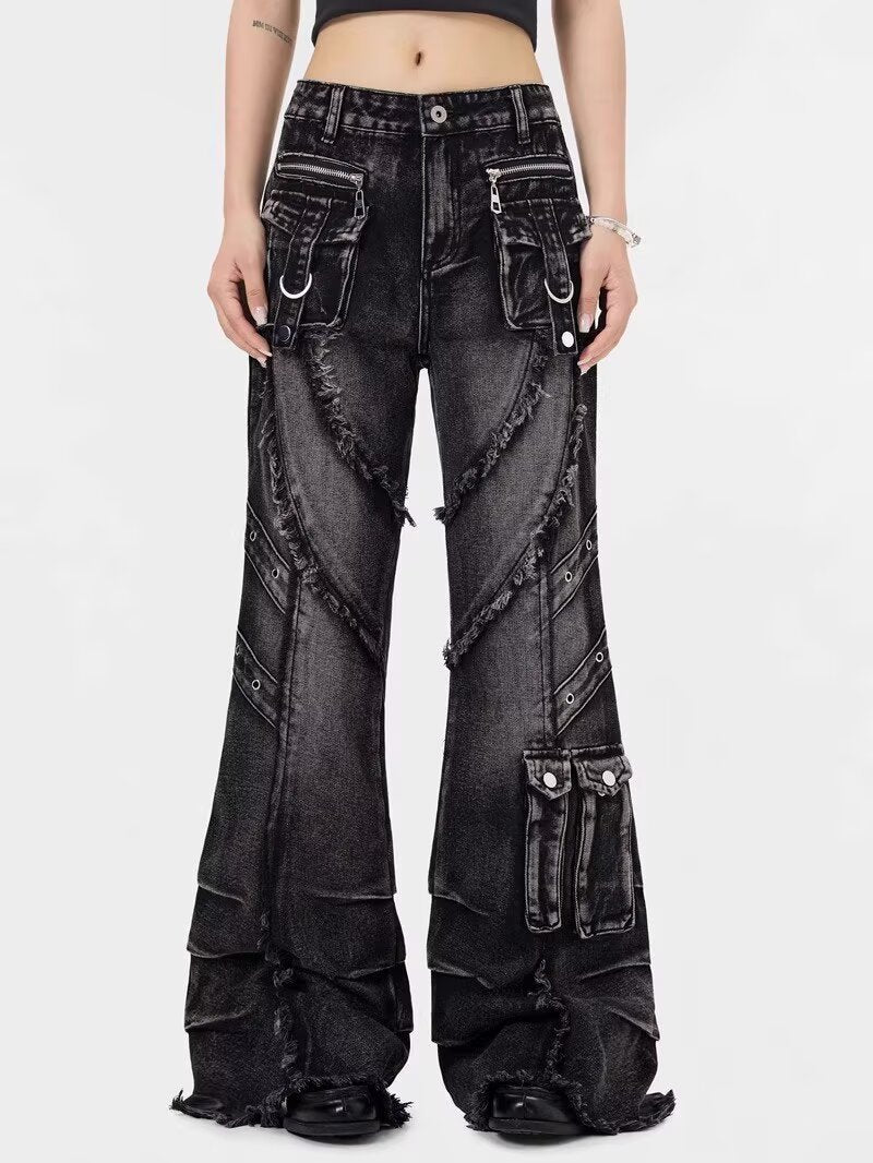 Distressed Black Wide Leg Jeans with Frayed Panels, Cargo Details, and Retro Streetwear Silhouette