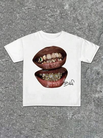 Graphic Lip Print Tee with Gold Grills ? Casual Streetwear T-Shirt