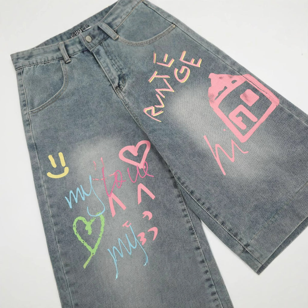 Streetwear Printed Denim Shorts with Colorful Graffiti Design