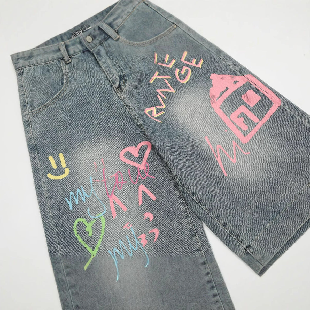 Streetwear Printed Denim Shorts with Colorful Graffiti Design