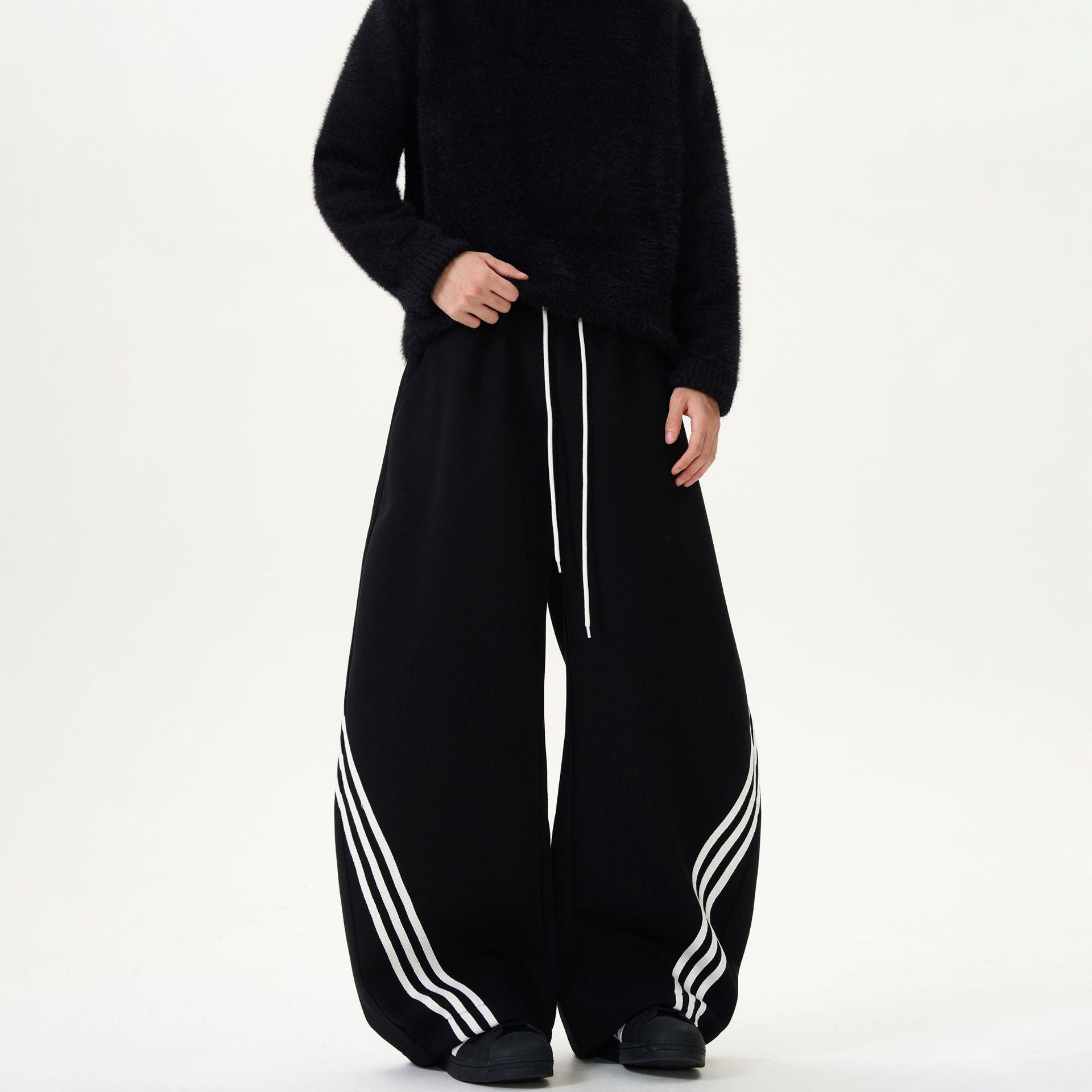 Striped Wide-Leg Sweatpants with Color-Block Detail and Adjustable Drawstring Waist