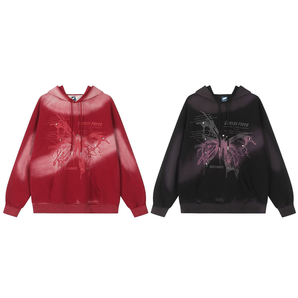 Butterfly Graphic Hooded Sweatshirt with Streetwear Print in Black or Red