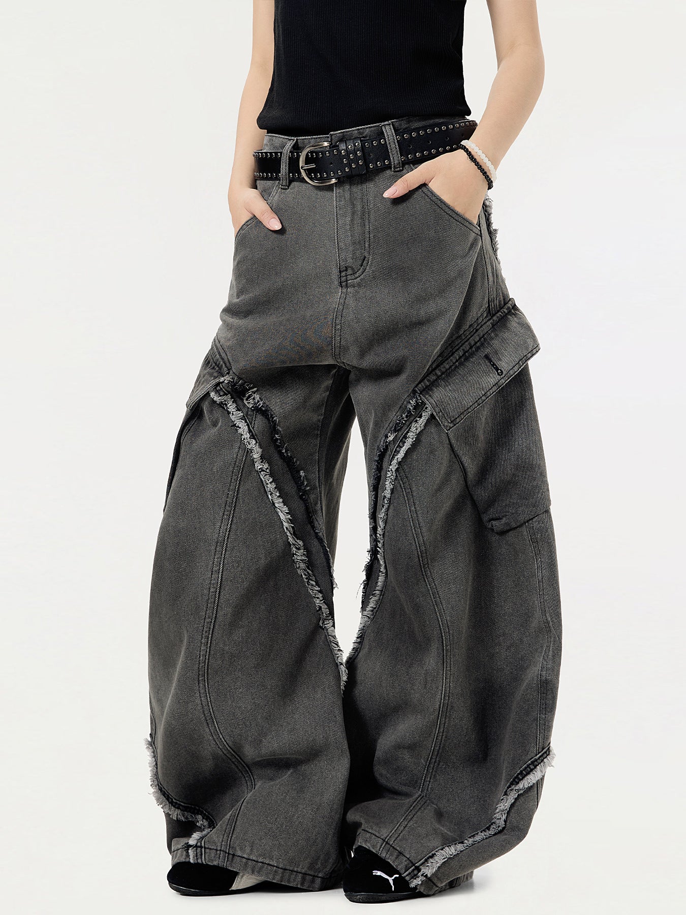 Extreme Wide-Leg Distressed Denim Pants with Frayed Cutouts and Bold Avant-Garde Streetwear Design