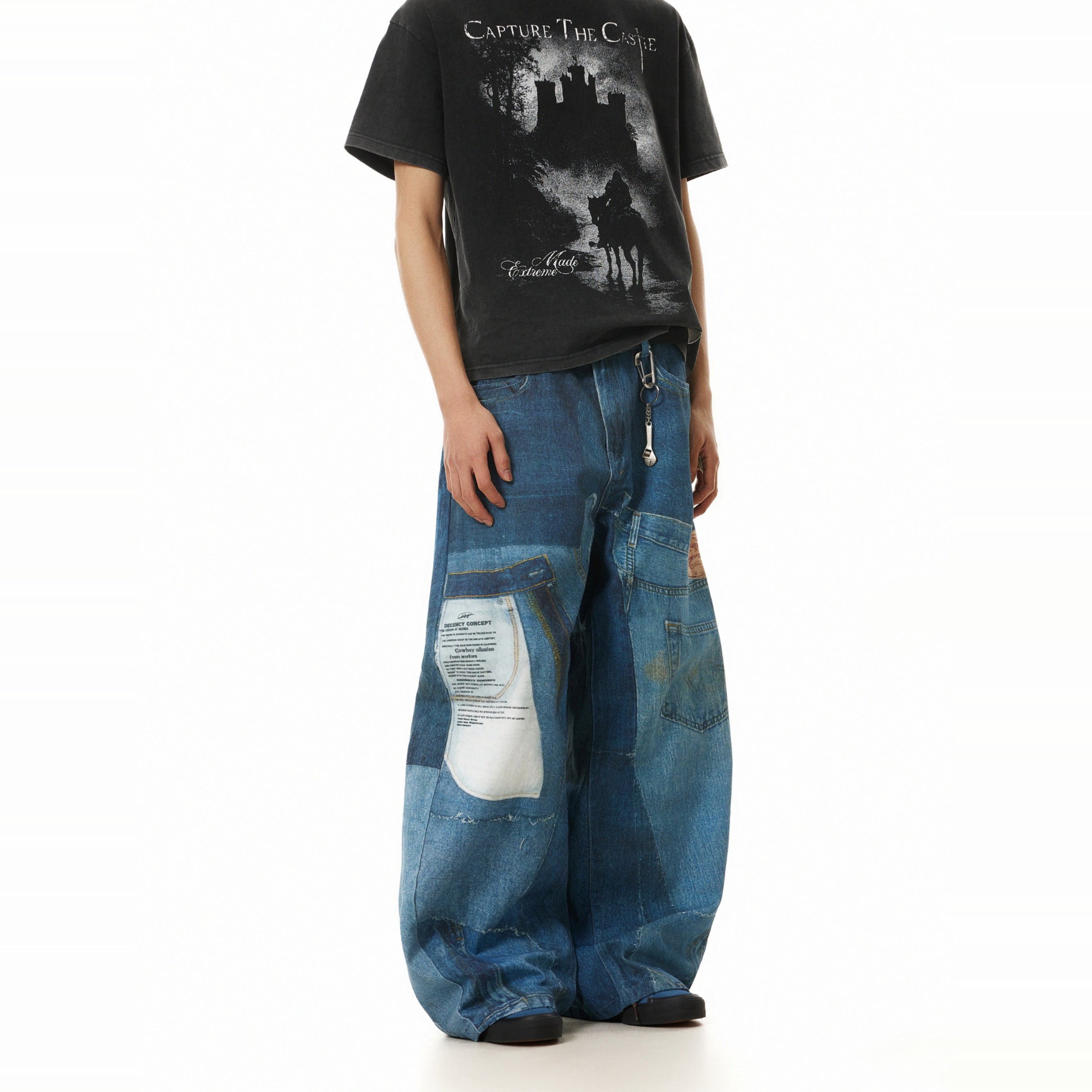 Printed Wide-Leg Jeans with Patchwork Details in Blue Streetwear Style