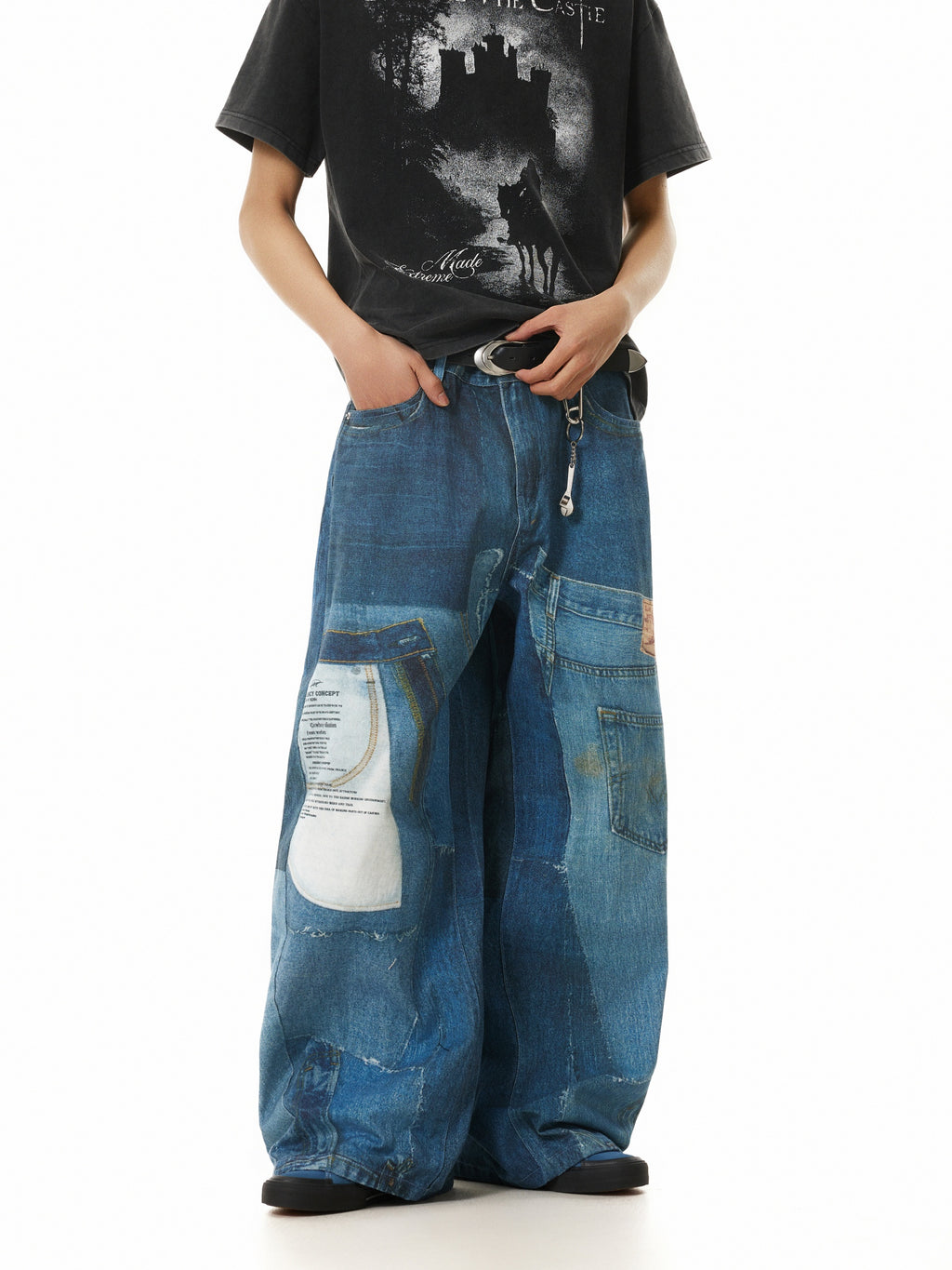 Printed Wide-Leg Jeans with Patchwork Details in Blue Streetwear Style
