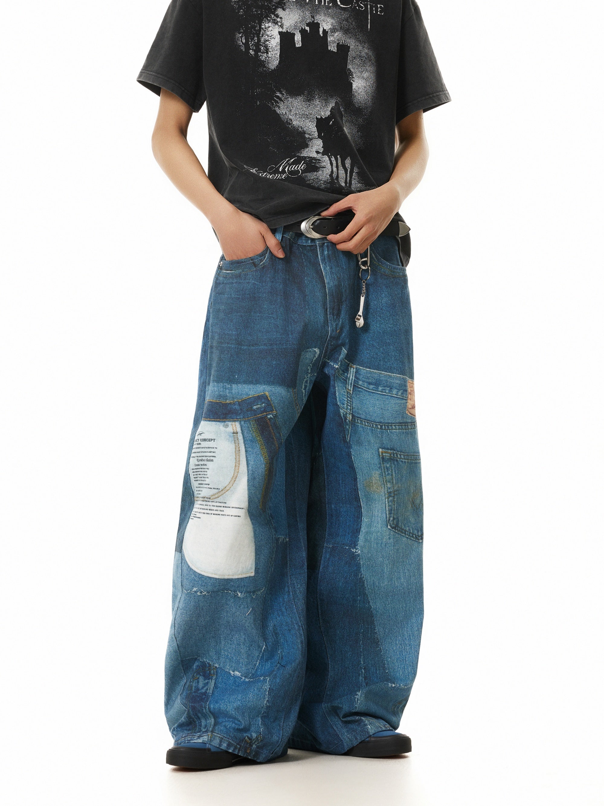 Printed Wide-Leg Jeans with Patchwork Details in Blue Streetwear Style