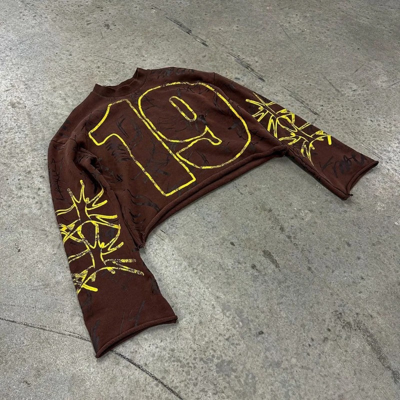 Graffiti Print Spray Fade Number Graphic Long Sleeve Streetwear Tee