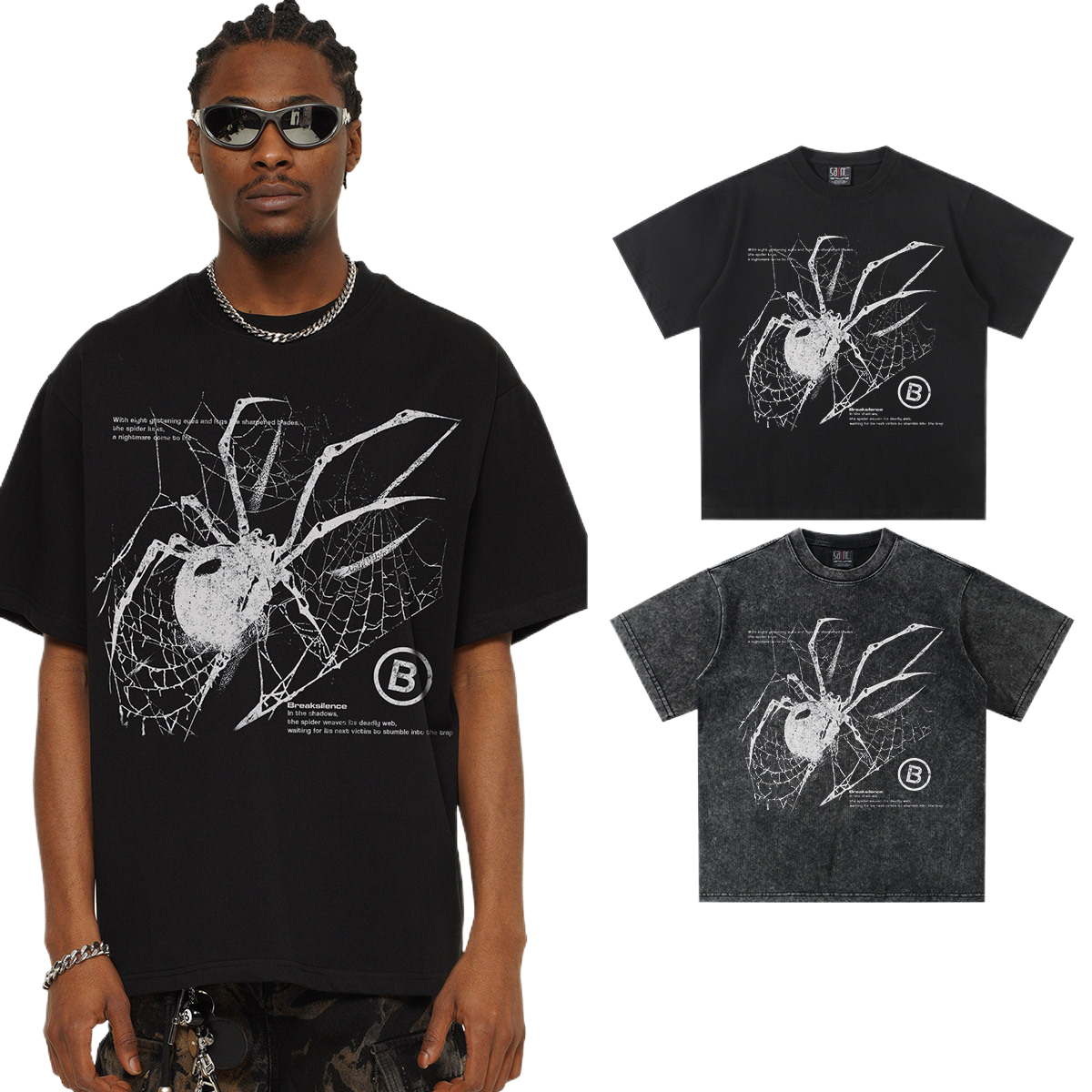 Washed Cotton T-Shirt with Large Spider Graphic Print in Black Streetwear Style