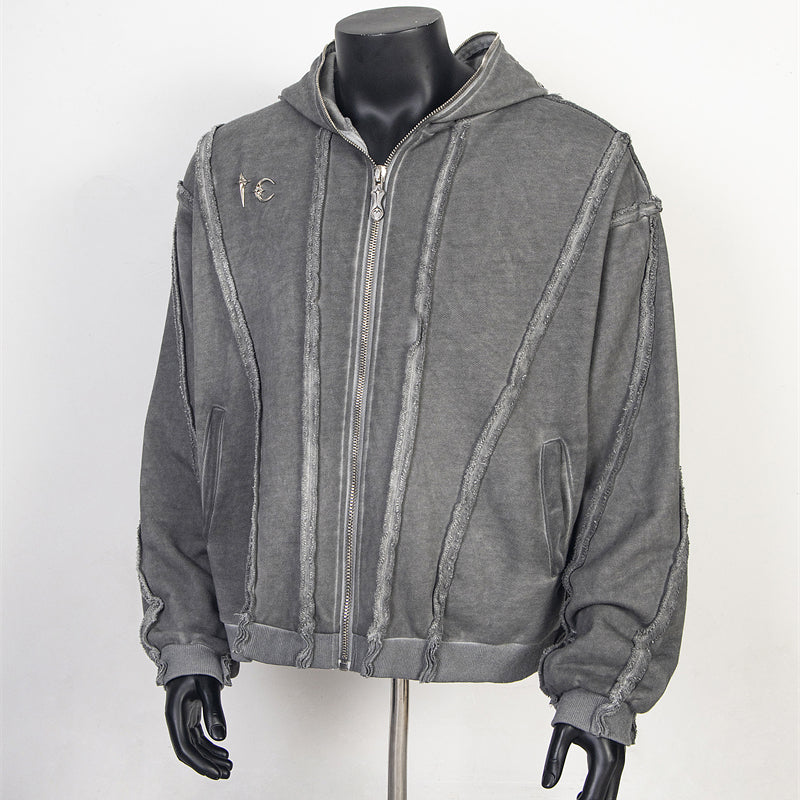 Washed Gray Zip-Up Hoodie with Raw Seam Details and Vintage Metal Zipper Accents