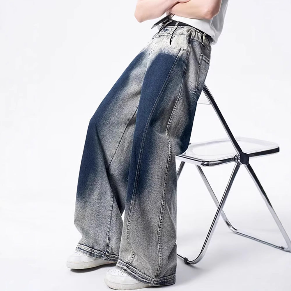 Oversized Gradient Wash Denim Jeans with Wide Leg Silhouette and Soft Fade Retro Streetwear Style