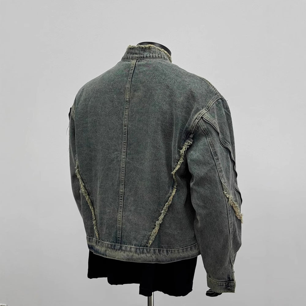 Distressed Panel Denim Jacket with Frayed Detailing and Stand Collar Vintage Streetwear Style