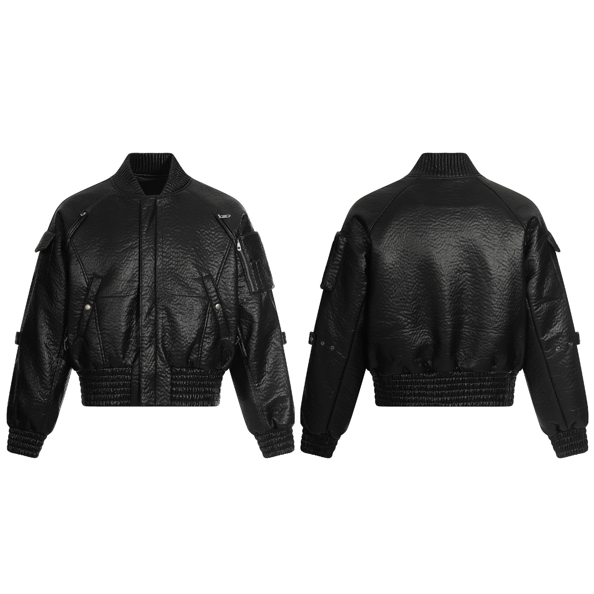 Padded PU Leather Streetwear Jacket with Zippered Pockets and Structured Ribbed Hem Design