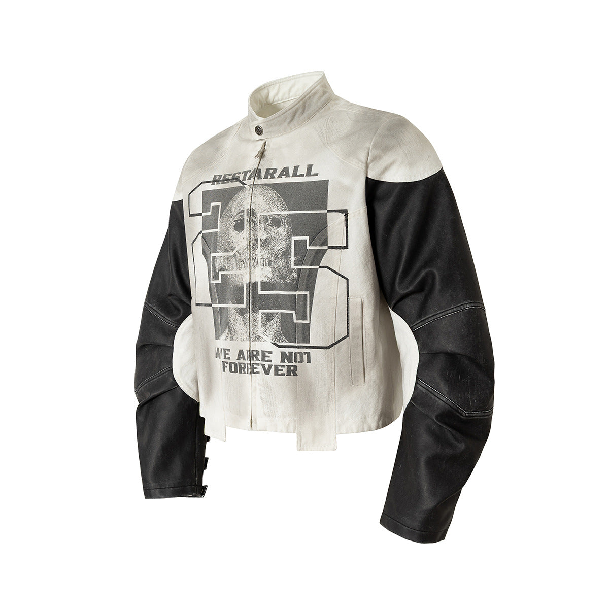 Two-Tone Faux Leather Jacket with Bold Graphic Print