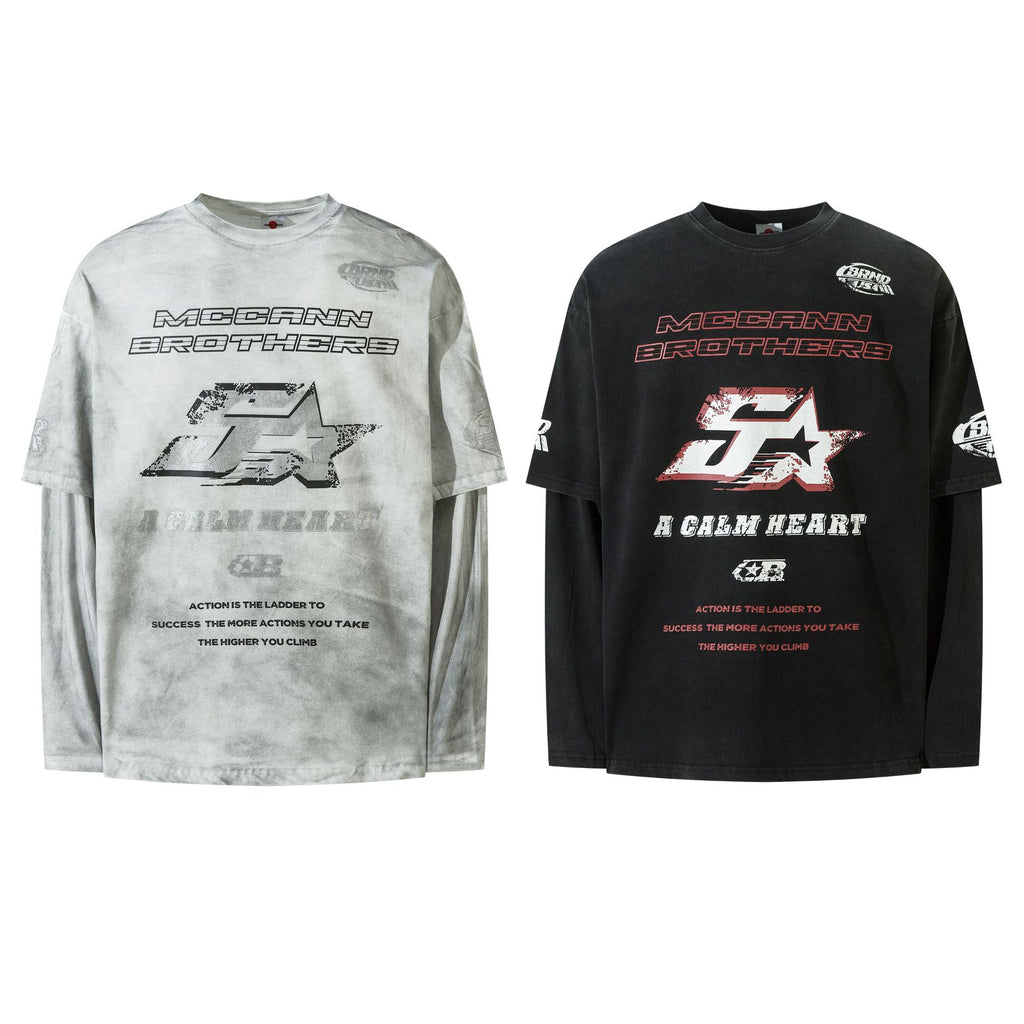 Washed Long-Sleeve Graphic Tee with Faded Texture