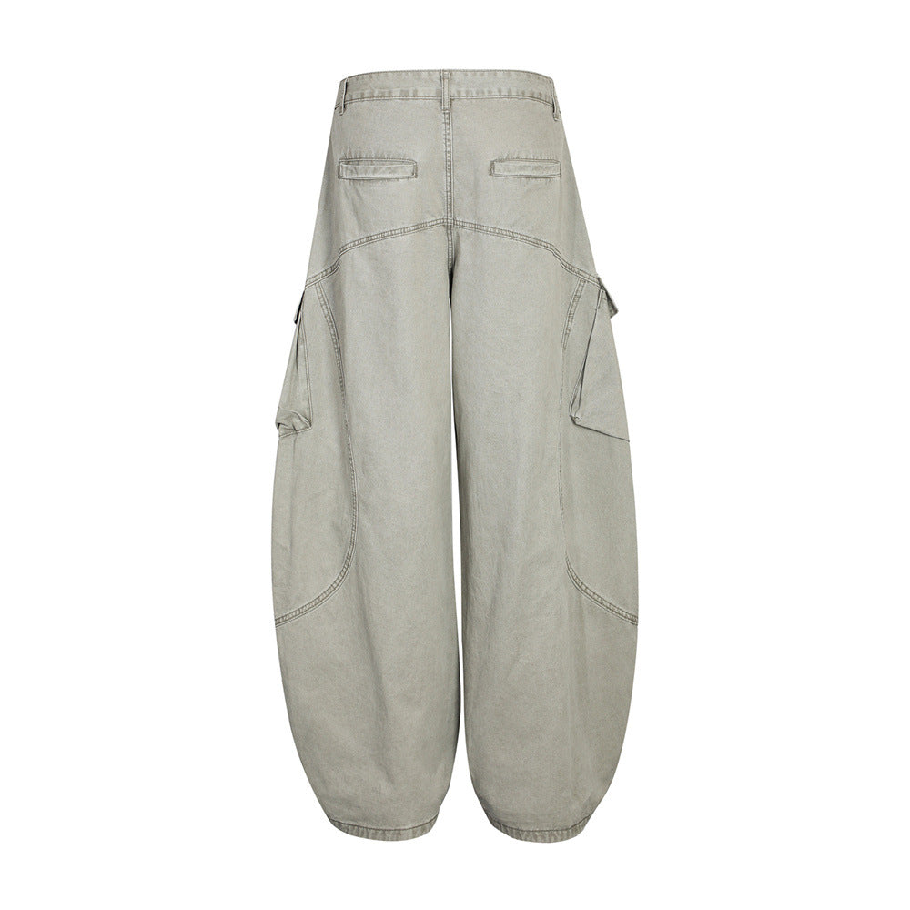 Wide-Leg Denim Pants with Paneled Cargo Details in Light or Dark Gray