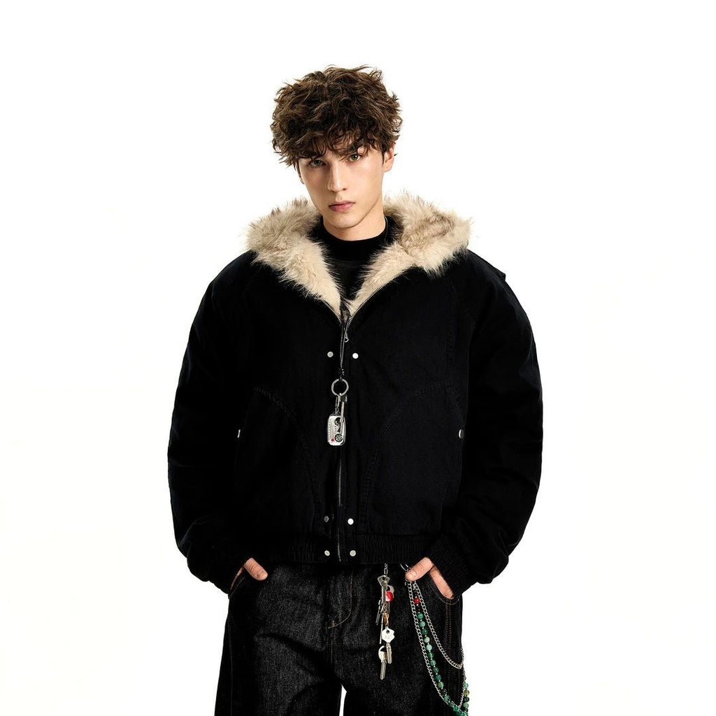 Faux Fur Collar Cotton Jacket with Warm Lining and Relaxed Winter Streetwear Fit