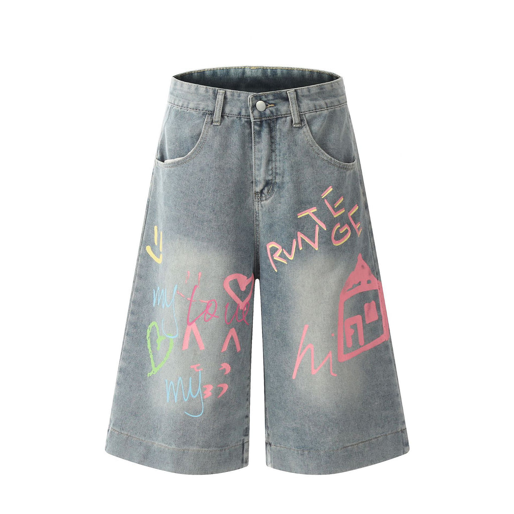Streetwear Printed Denim Shorts with Colorful Graffiti Design