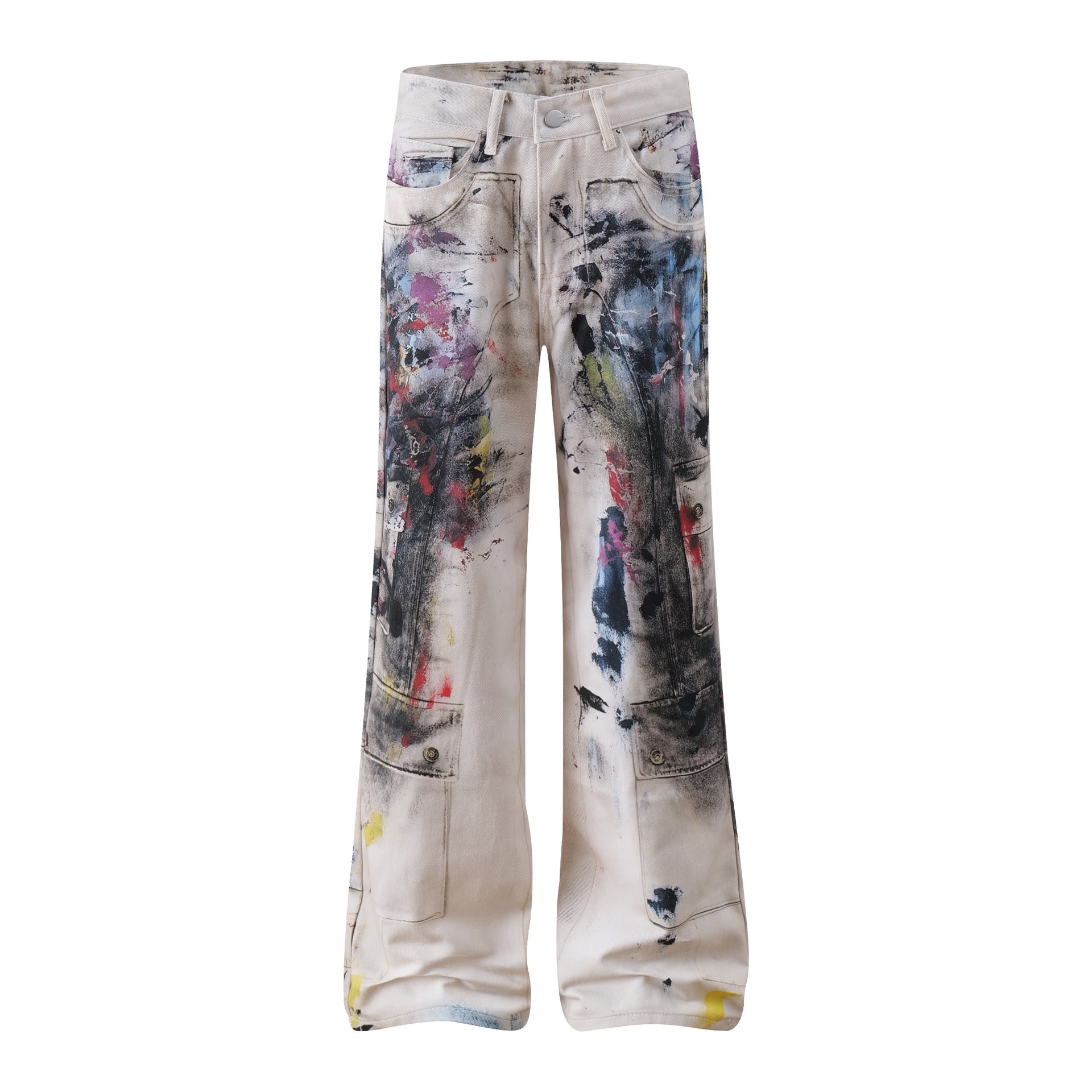 Graffiti Print Wide-Leg Jeans with Paint-Splatter Design