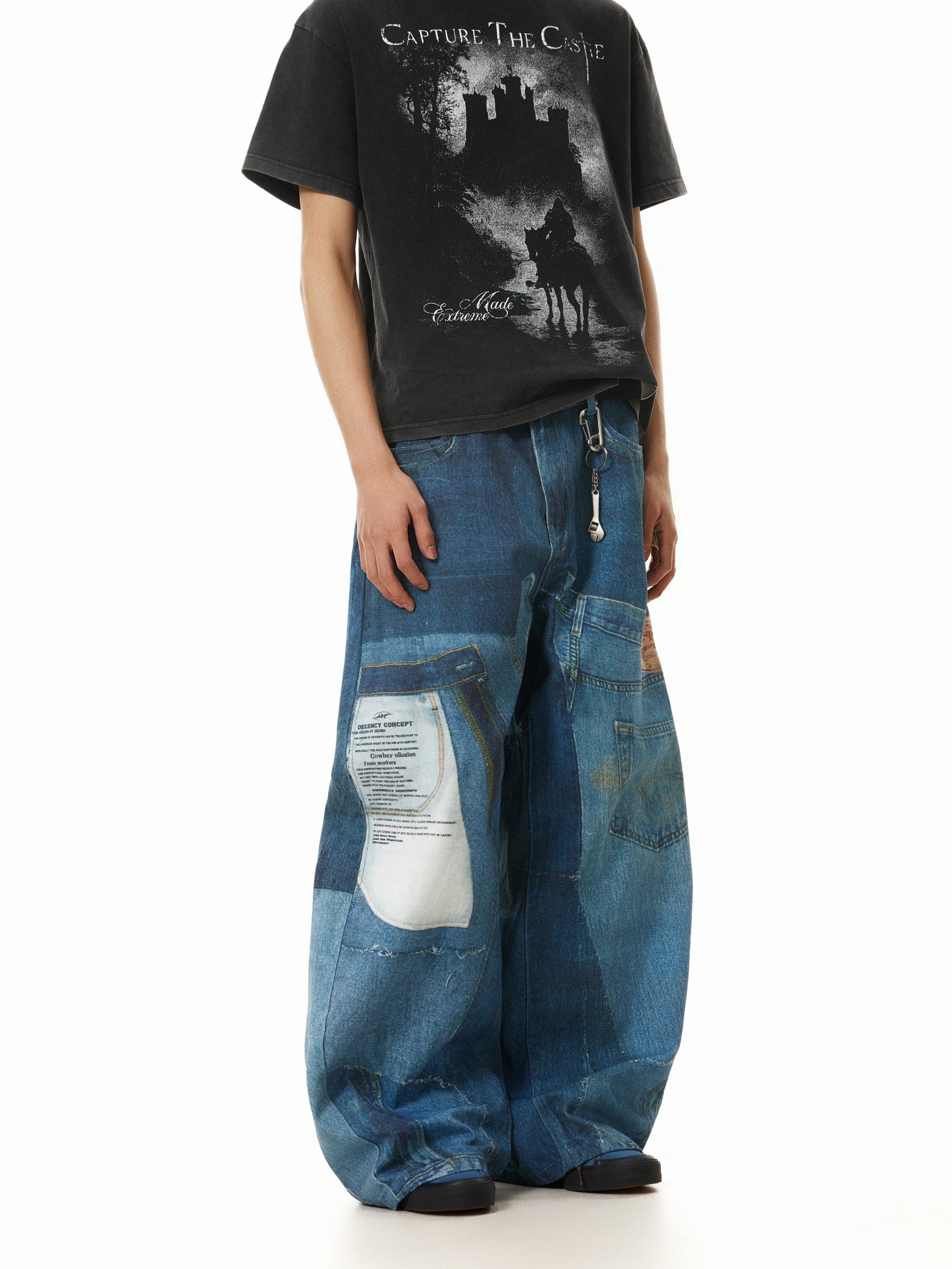 Printed Wide-Leg Jeans with Patchwork Details in Blue Streetwear Style