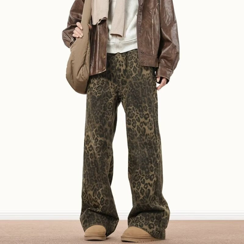 Leopard Print Wide-Leg Jeans in Earthy Brown