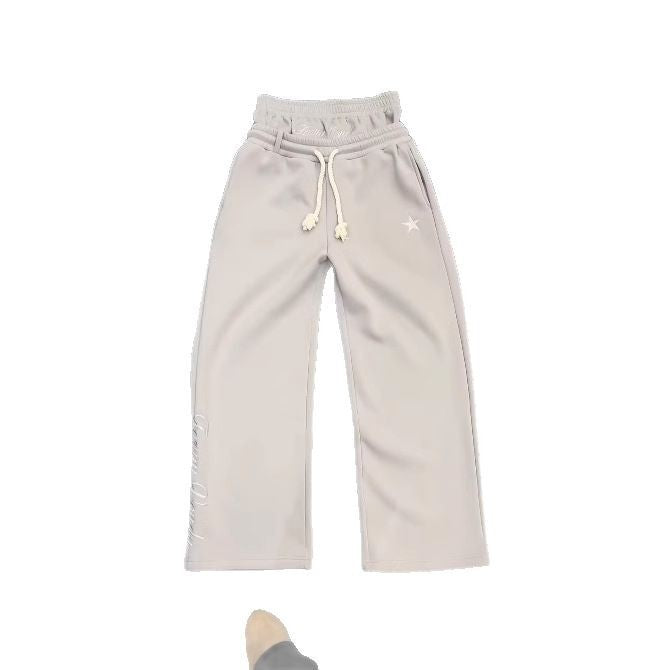 Embroidered Double-Waist Sweatpants with Relaxed Straight-Leg Fit