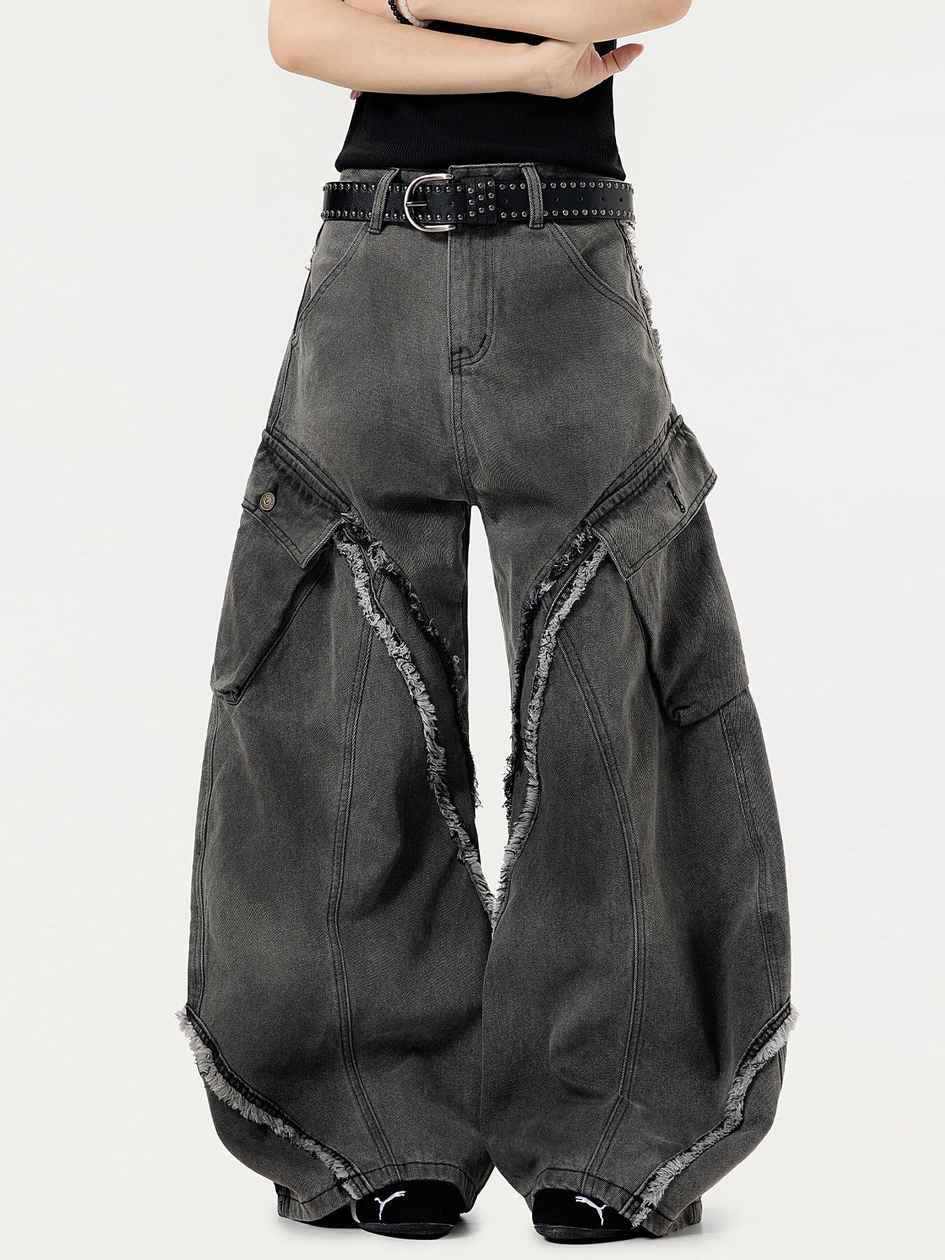 Extreme Wide-Leg Distressed Denim Pants with Frayed Cutouts and Bold Avant-Garde Streetwear Design
