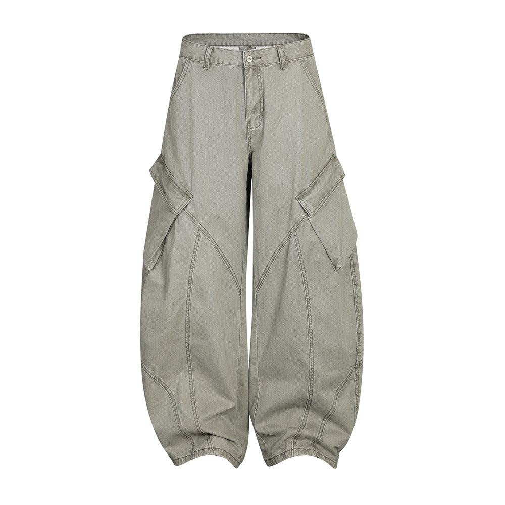 Wide-Leg Denim Pants with Paneled Cargo Details in Light or Dark Gray