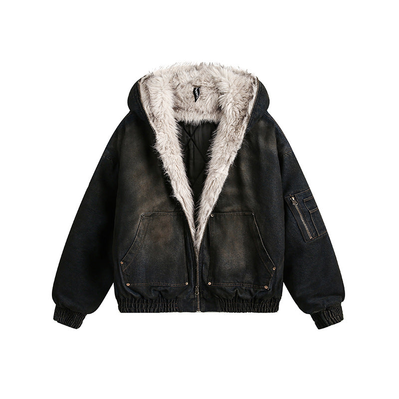 Vintage Distressed Denim Jacket with Faux Fur Lining and Hooded Streetwear Style