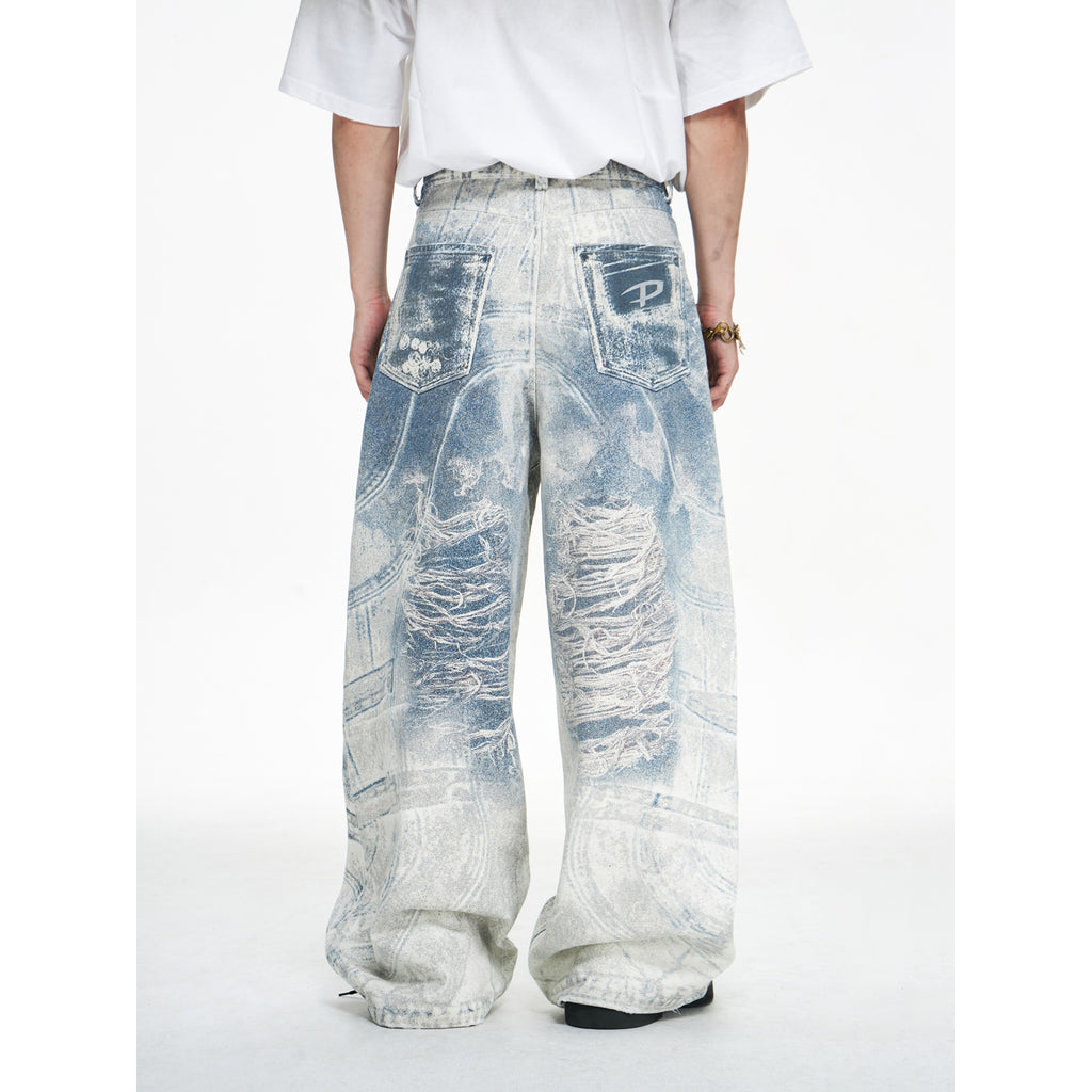 Wide-Leg Distressed Denim Jeans with Acid Wash Texture