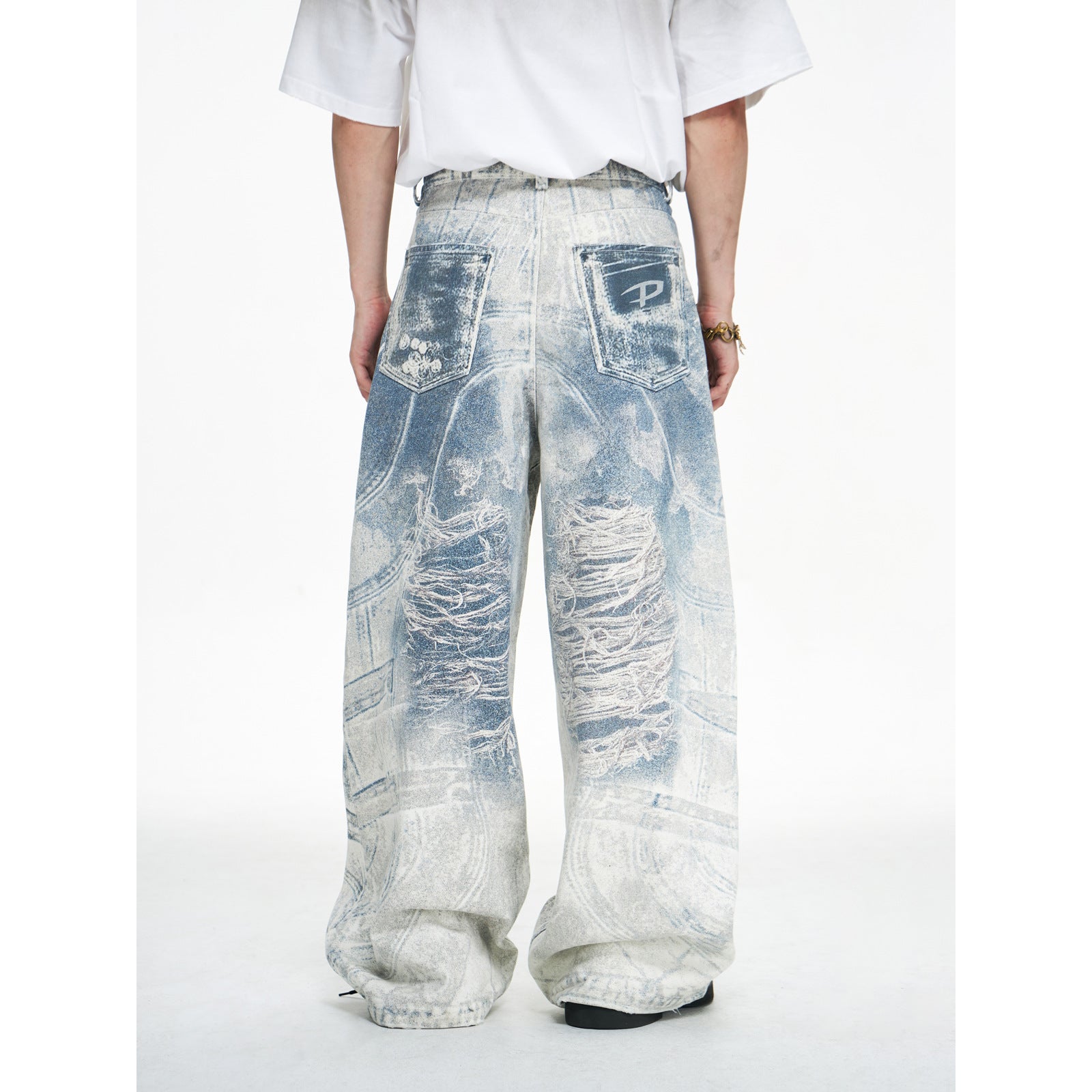 Wide-Leg Distressed Denim Jeans with Acid Wash Texture