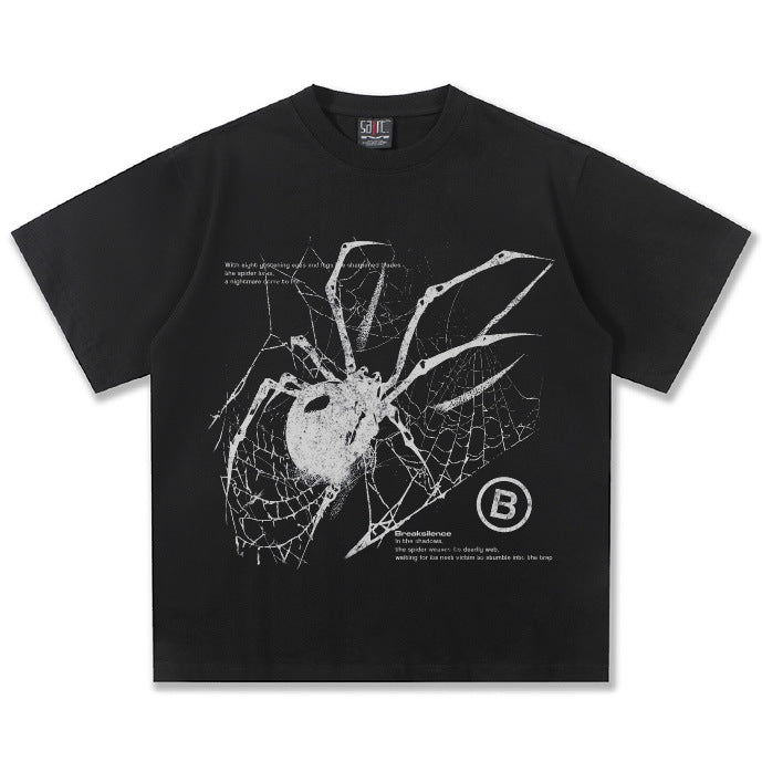 Washed Cotton T-Shirt with Large Spider Graphic Print in Black Streetwear Style