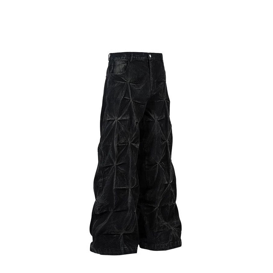 Wide-Leg Textured Denim Jeans with Geometric Pleated Design in Black