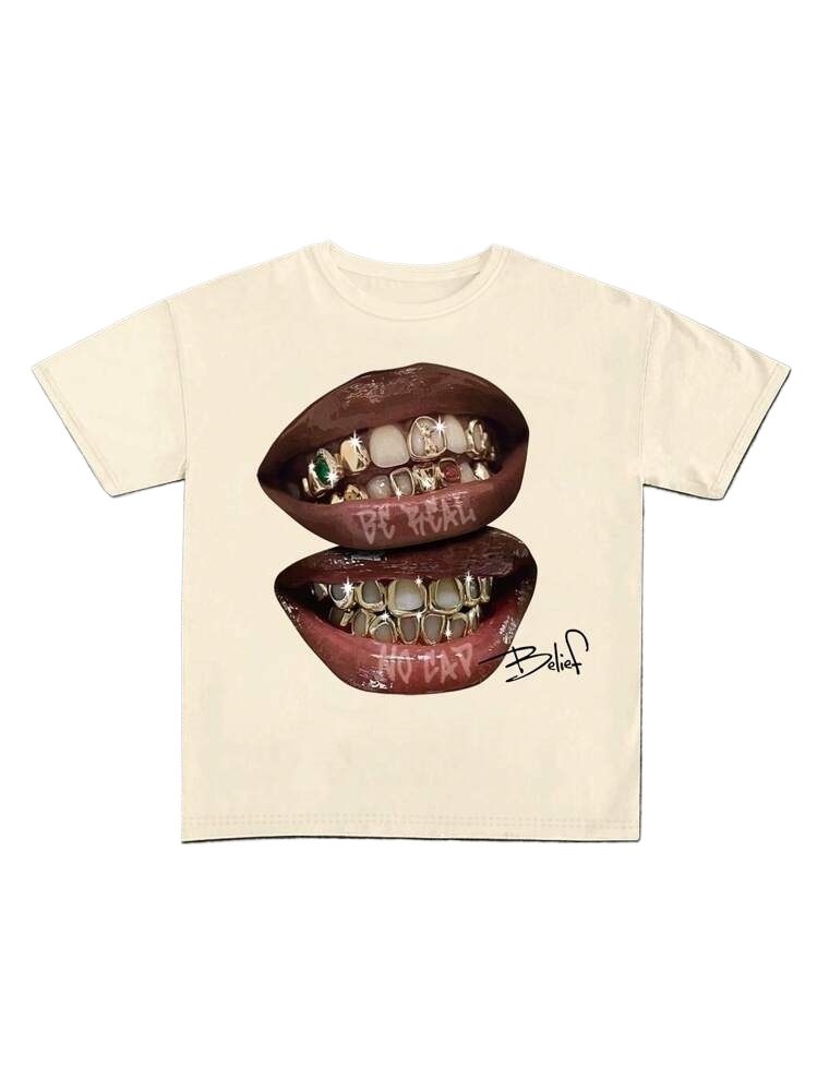 Graphic Lip Print Tee with Gold Grills ? Casual Streetwear T-Shirt